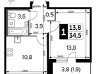 1-к. квартира, 34&nbsp;м²