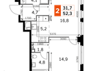 2-комнатная квартира, 52&nbsp;м²