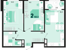 2-к. квартира, 60 м²