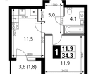 1-к. квартира, 34 м²