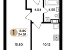 1-к. квартира, 34&nbsp;м²