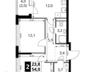 2-к. квартира, 54 м²