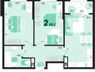 2-к. квартира, 60 м²