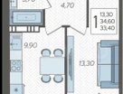 1-к. квартира, 33,4&nbsp;м²