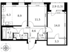 3-к. квартира, 62&nbsp;м²