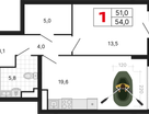 1-к. квартира, 54 м²