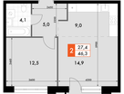 2-к. квартира, 46&nbsp;м²