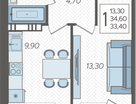 1-к. квартира, 33,4&nbsp;м²
