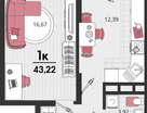 1-к. квартира, 44 м²