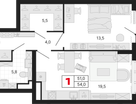 1-к. квартира, 54 м²