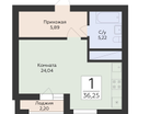 1-к. квартира, 36&nbsp;м²