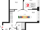 2-к. квартира, 55&nbsp;м²