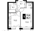 1-к. квартира, 36 м²