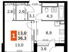 1-к. квартира, 36&nbsp;м²