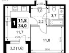 1-к. квартира, 34&nbsp;м²
