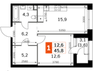 1-к. квартира, 45&nbsp;м²