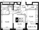2-к. квартира, 51&nbsp;м²