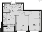 2-к. квартира, 54&nbsp;м²
