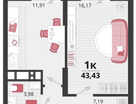 1-к. квартира, 43 м²