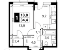 1-к. квартира, 34&nbsp;м²