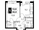 1-к. квартира, 34&nbsp;м²