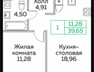 1-к. квартира, 39&nbsp;м²
