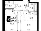 2-к. квартира, 39&nbsp;м²