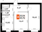 2-к. квартира, 59 м²