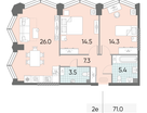 2-к. квартира, 71&nbsp;м²