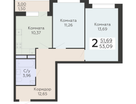 2-к. квартира, 53&nbsp;м²