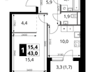 1-к. квартира, 43 м²