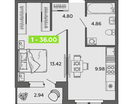 1-к. квартира, 36&nbsp;м²