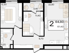 2-к. квартира, 64 м²