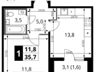 1-к. квартира, 35&nbsp;м²