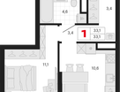 1-к. квартира, 33&nbsp;м²