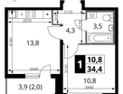 1-к. квартира, 34&nbsp;м²