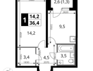 1-к. квартира, 36 м²
