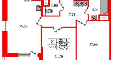 2-к. квартира, 52 м²