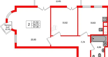 2-к. квартира, 57 м²