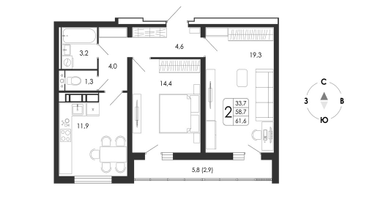 2-к. квартира, 61&nbsp;м²