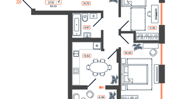 2-к. квартира, 65&nbsp;м²