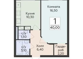 1-к. квартира, 40&nbsp;м²