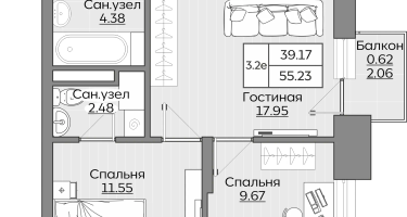 3-к. квартира, 55 м²