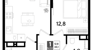 1-к. квартира, 44&nbsp;м²