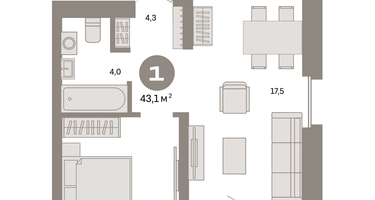 1-к. квартира, 43&nbsp;м²