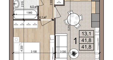 1-к. квартира, 41&nbsp;м²