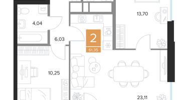 2-к. квартира, 61&nbsp;м²