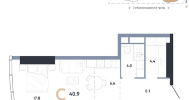 Студия, 40 м²