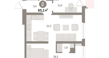 2-к. квартира, 65 м²