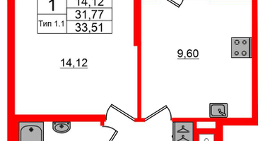 1-к. квартира, 31&nbsp;м²